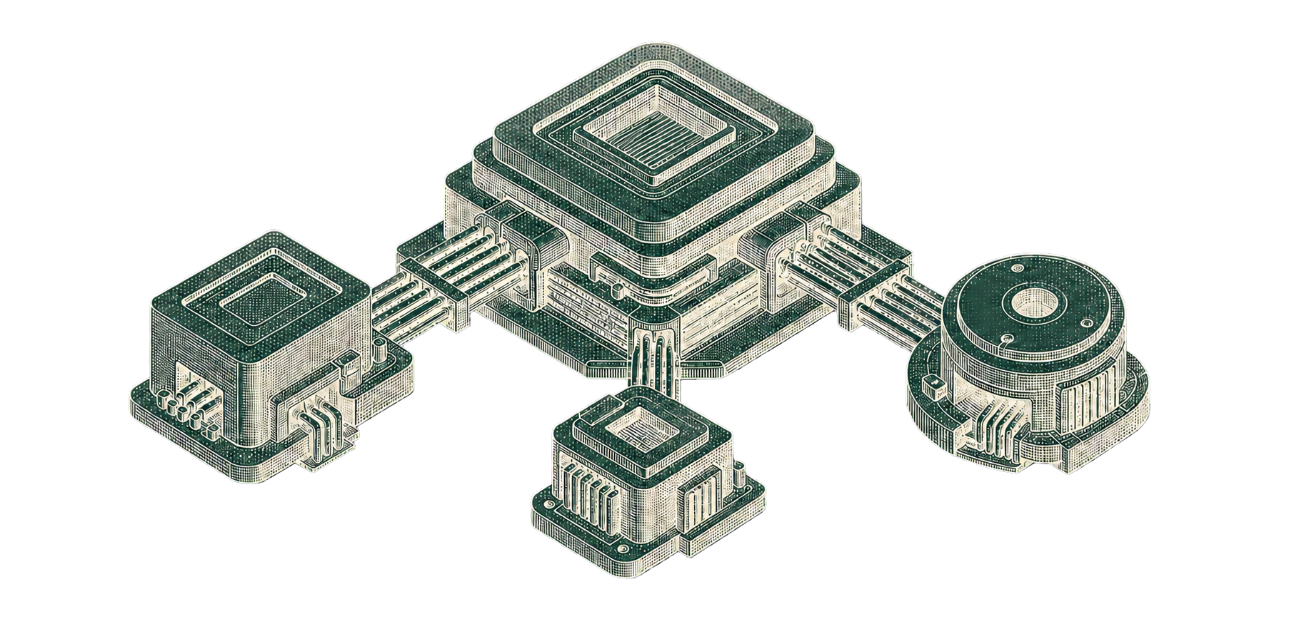 An isometric engineered system with a central processor connected to three operational modules.