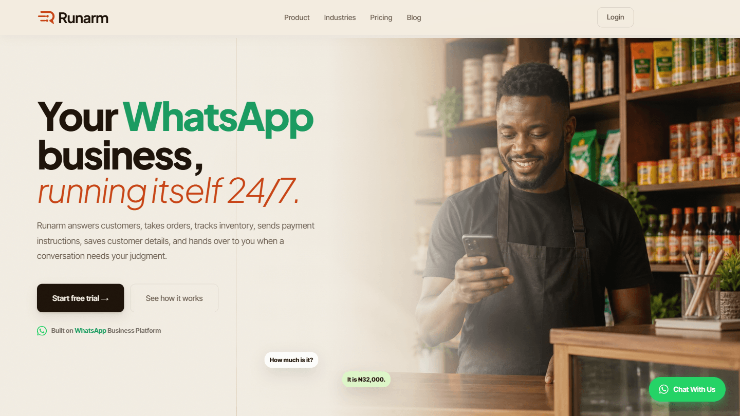 Runarm website showing its WhatsApp business platform on desktop.