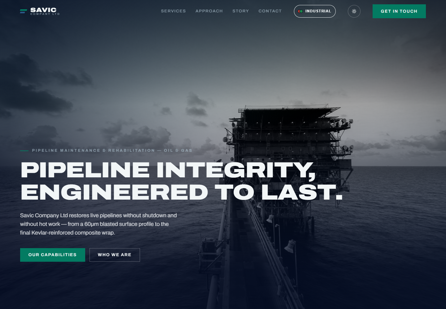 The Savic industrial services website shown in its Subsea identity and dark mode.