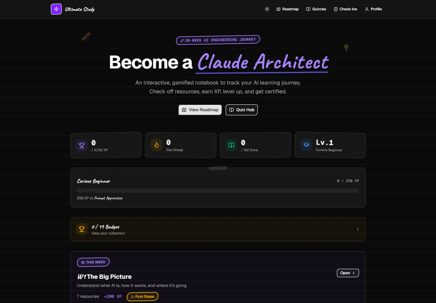 UltimateStudy learner dashboard shown in its dark interface.